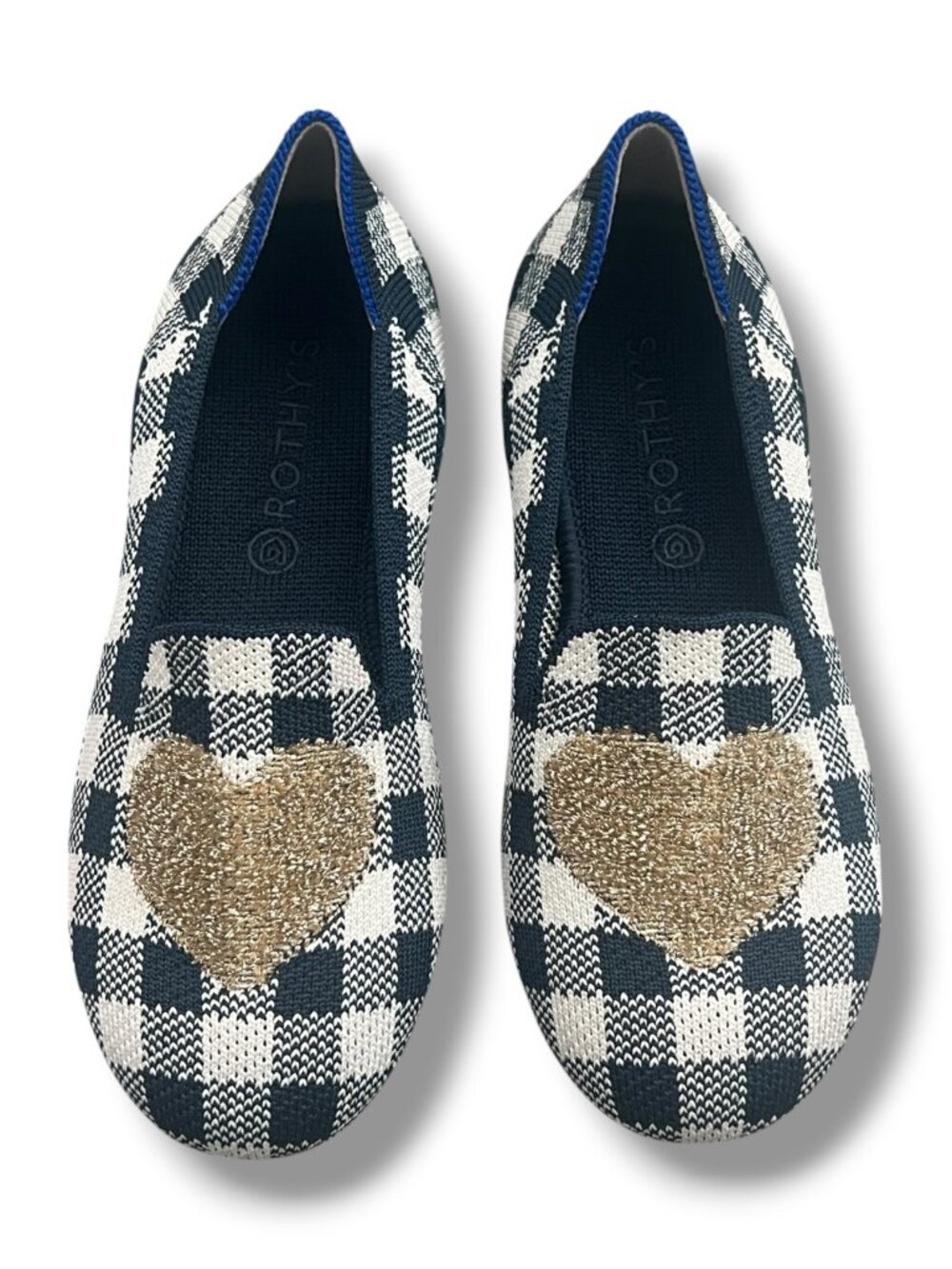 Rothy's Kids' Blue White Gingham Gold Heart Loafers Flats Shoes Size Kids 1